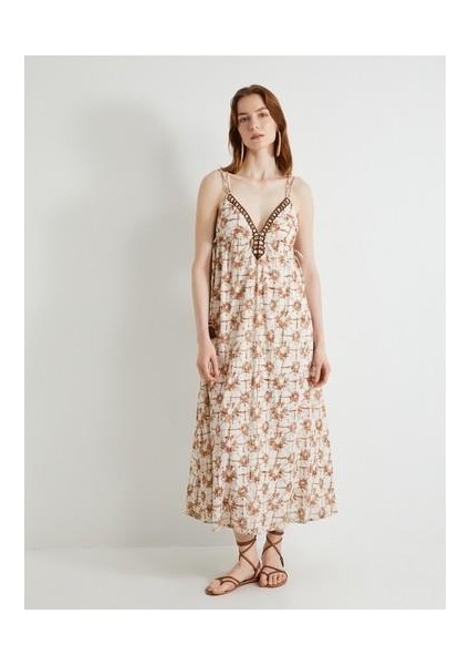 Askılı Uzun Elbise V Yaka Püskül Detaylı