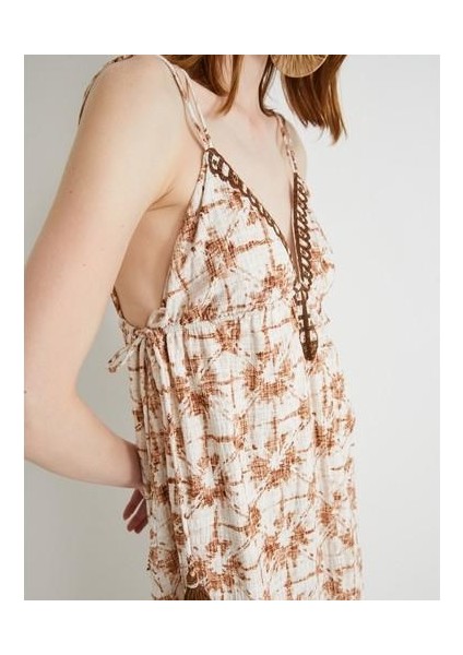 Askılı Uzun Elbise V Yaka Püskül Detaylı