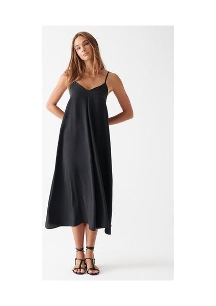 Kadın V Yaka Siyah Elbise 1310139-900