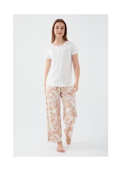 Button Leaf Detail Krem Kadın Kısa Kol Pijama Takım