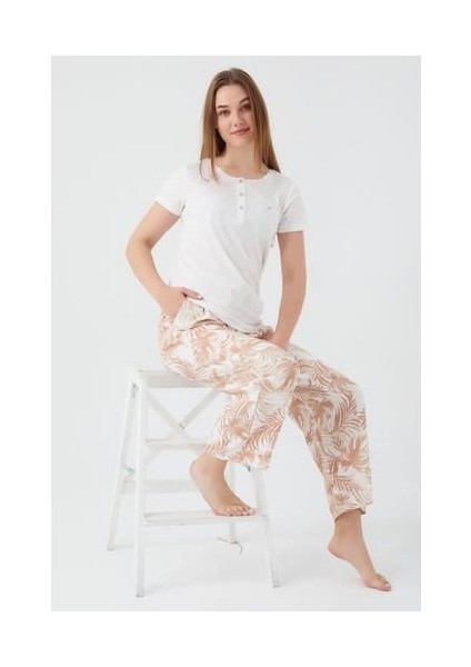 Button Leaf Detail Krem Kadın Kısa Kol Pijama Takım
