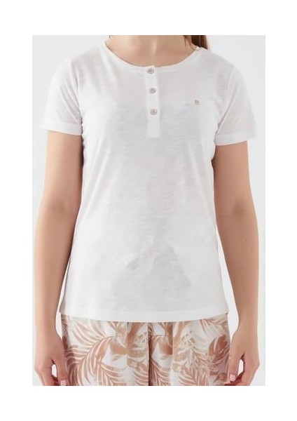 Button Leaf Detail Krem Kadın Kısa Kol Pijama Takım