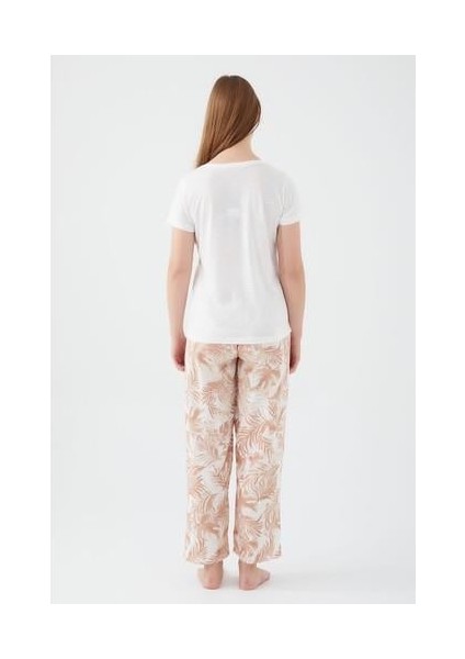 Button Leaf Detail Krem Kadın Kısa Kol Pijama Takım
