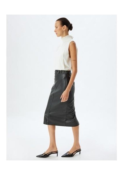 Suni Deri Etek Midi Boy Kalem Form Yırtmaçlı Kemer Detaylı