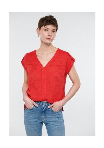 V Yaka Kırmızı Bluz 122504-30648