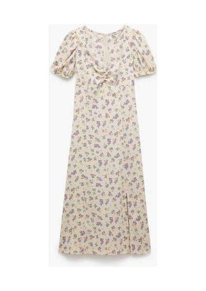 Kare Yaka Büzgülü A Kesim Balon Kollu Çiçekli Yırtmaçlı Midi Elbise indirimleri