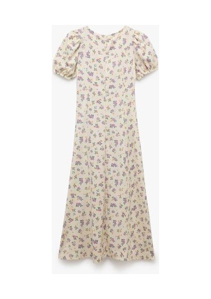 Kare Yaka Büzgülü A Kesim Balon Kollu Çiçekli Yırtmaçlı Midi Elbise