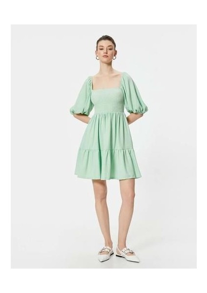 Elbise Gipe Detaylı Kısa Kollu Katlı Kare Yaka - Koton - 4SAK80382EK - Yeşil - L