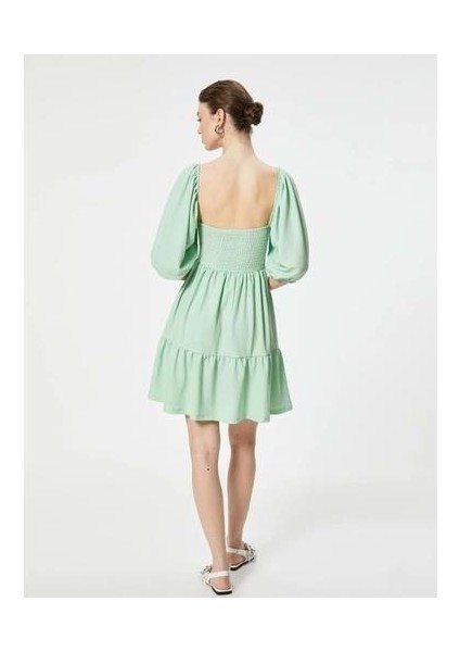Elbise Gipe Detaylı Kısa Kollu Katlı Kare Yaka - Koton - 4SAK80382EK - Yeşil - L