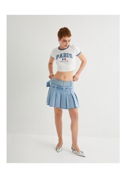 Pileli Kot Etek Mini Kemer Detaylı