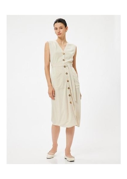 Keten Karışımlı Gömlek Elbise Midi Boy Kolsuz Kemer Detaylı Cepli