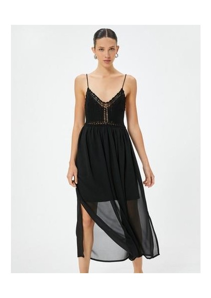 Tül Kroşe Midi Plaj Elbisesi Ince Askılı Astarlı