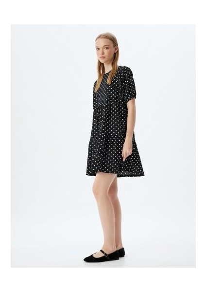 Balon Kol Elbise Mini Puantiyeli Katlı Bisiklet Yaka