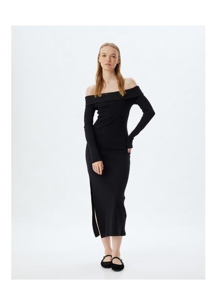 Midi Elbise Fitilli Kayık Yaka Yırtmaç Detaylı Slim Fit Uzun Kollu