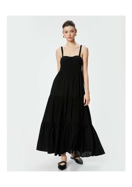 Askılı Uzun Elbise Katlı Kalp Yaka Viskoz Kumaş - Koton - 4SAK80330EW - Siyah - 40