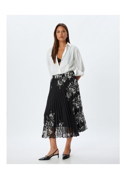 Çiçekli Pileli Etek Midi Standart Bel Astarlı