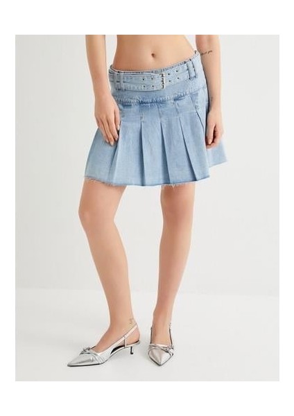 Pileli Kot Etek Mini Kemer Detaylı