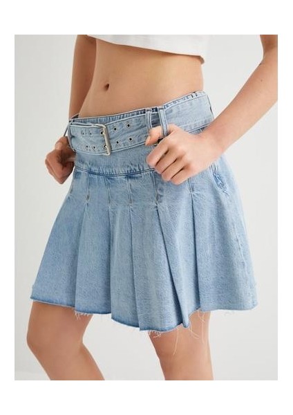 Pileli Kot Etek Mini Kemer Detaylı