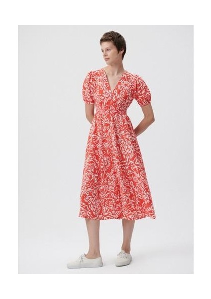 Kadın V Yaka Baskılı Kırmızı Elbise 1310383-85891