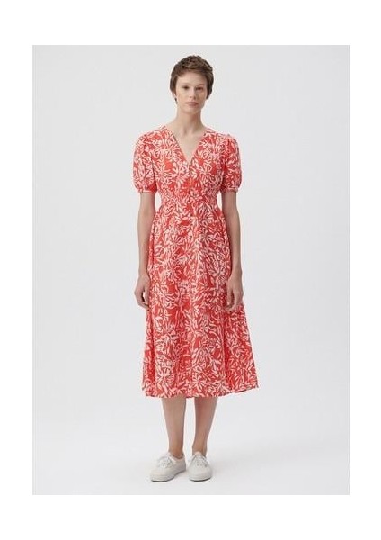 Kadın V Yaka Baskılı Kırmızı Elbise 1310383-85891