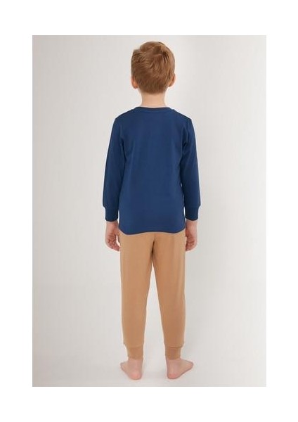 Thick Line Pattern Koyu Mavi Erkek Çocuk Uzun Kol Pijama Takım
