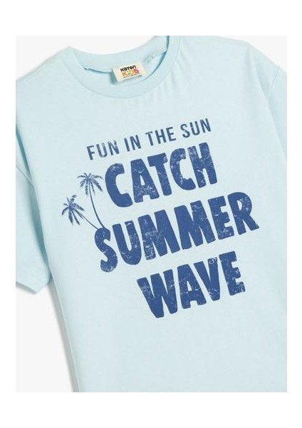 Oversize Tişört Kısa Kollu Bisiklet Yaka Yaz Baskı Detaylı Pamuklu