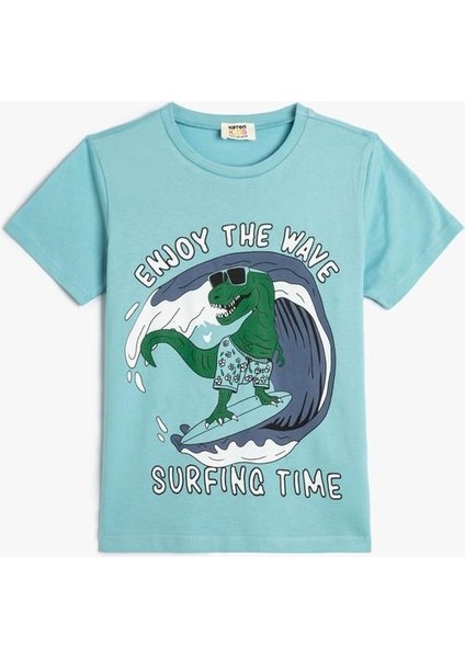 Dinozor Baskılı Kısa Kollu Tişört Bisiklet Yaka Pamuklu fırsatları