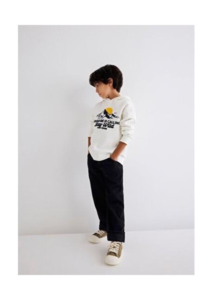 Adventure Is Callıng Baskılı Kapüşonlu Beyaz Erkek Sweatshirt M6S10077-70057