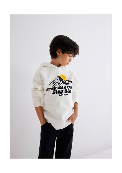 Adventure Is Callıng Baskılı Kapüşonlu Beyaz Erkek Sweatshirt M6S10077-70057