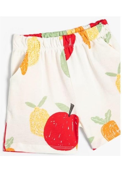 Şort Beli Bağlamalı Cepli Meyve Baskılı Pamuklu