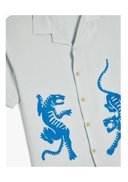 Viskon Gömlek Kısa Kollu Kaplan Baskılı Cep Detaylı