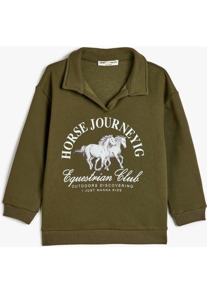Polo Yaka Sweatshirt At Baskılı Uzun Kollu Şardonlu fırsatları