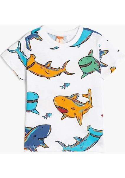 Köpekbalığı Baskılı Pamuklu Bisiklet Yaka Kısa Kollu Tişört fırsatları