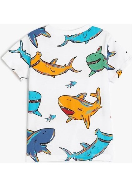 Köpekbalığı Baskılı Pamuklu Bisiklet Yaka Kısa Kollu Tişört indirimleri