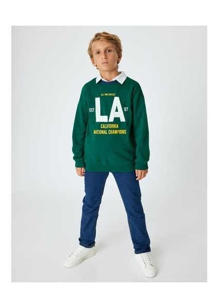 Oversize Sweatshirt Kolej Baskılı Bisiklet Yaka Pamuklu