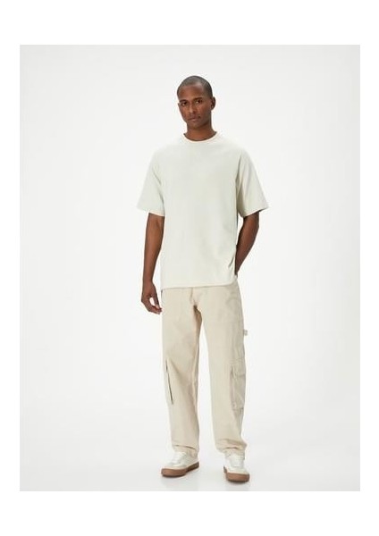 Oversize Tişört Basic Dokulu Bisiklet Yaka Kısa Kollu