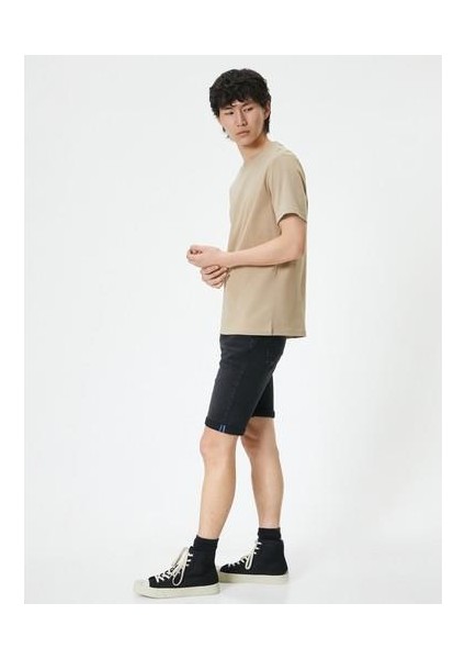 Yırtık Kot Şort Bermuda Slim Fit Katlı Paça Düğmeli