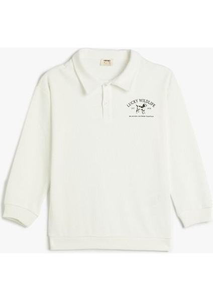Polo Yaka Sweatshirt Köpek Baskılı Uzun Kollu Pamuklu fırsatları