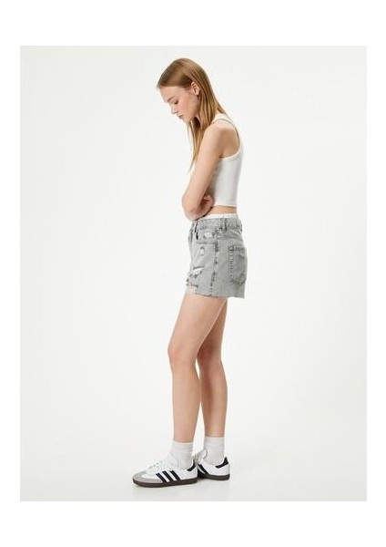Mini Kot Şort Çift Bel Detaylı Yıpratılmış Cepli Yüksek Bel