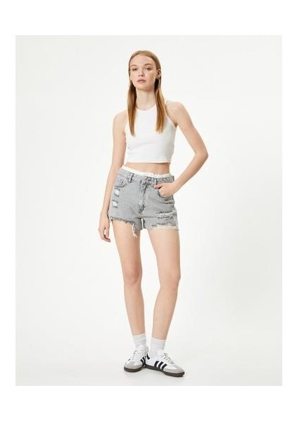 Mini Kot Şort Çift Bel Detaylı Yıpratılmış Cepli Yüksek Bel