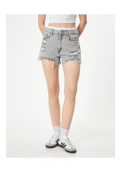 Mini Kot Şort Çift Bel Detaylı Yıpratılmış Cepli Yüksek Bel
