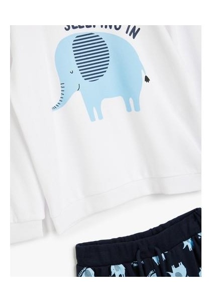 Pijama Takımı Fil Baskılı Uzun Kollu Bisiklet Yaka Pamuklu