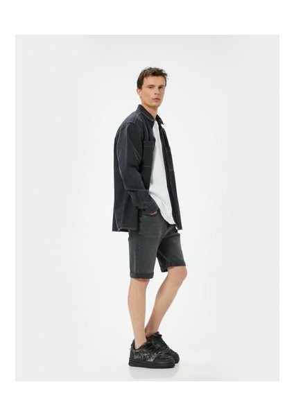 Kot Şort Slim Fit 5 Cepli Düğmeli
