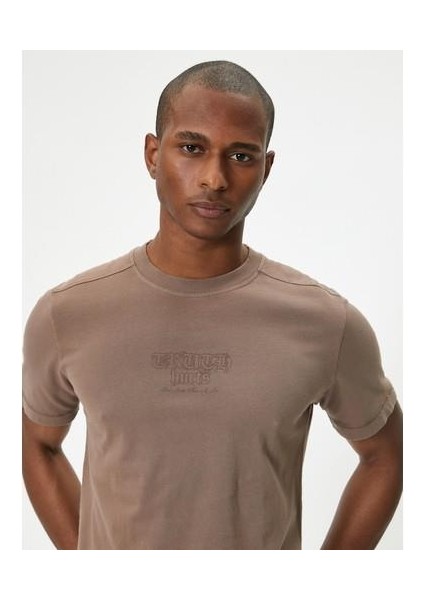 Slogan Baskılı Tişört Bisiklet Yaka Kısa Kollu Pamuklu