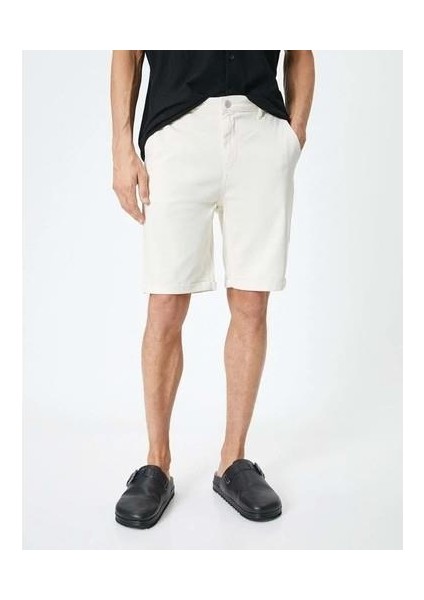 Kumaş Şort Bermuda Slim Fit Düğmeli Cepli Katlı Paça - Koton - 4SAM40064HW - Beyaz - 40