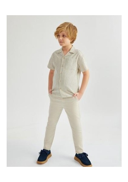 Beli Bağcıklı Keten Karışımlı Basic Pantolon