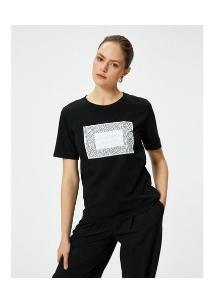 Baskılı Tişört Bisiklet Yaka Kısa Kollu Pamuklu