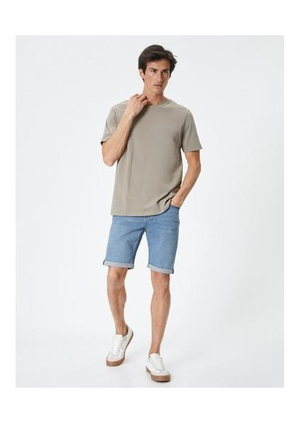 Kot Şort Slim Fit Düğmeli Cepli Katlı Paça