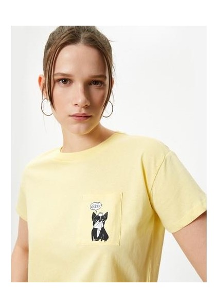 Cep Detaylı Baskılı Tişört Pamuklu Kısa Kollu Bisiklet Yaka