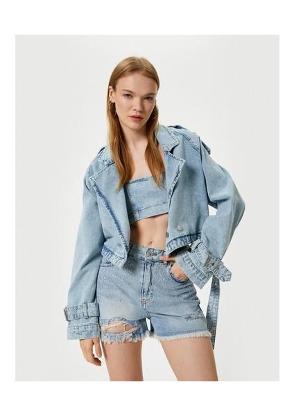 Yırtık Kot Şort Taş Detaylı Düğmeli Rahat Kesim